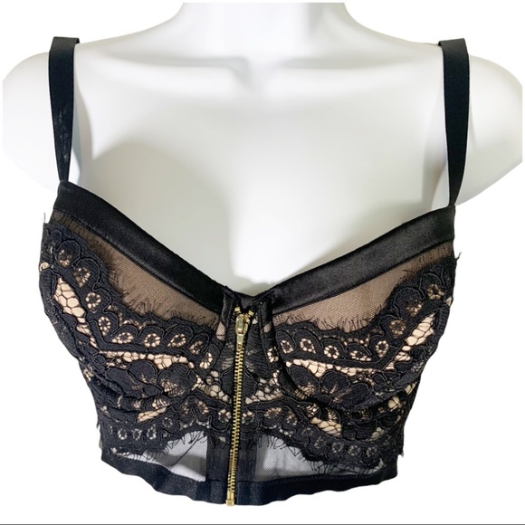 Victoria's Secret Other - Victoria Secret 34 DD bustier Lined Semi Buste Double Black Nude Lace Front Zip